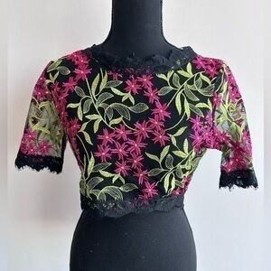 Pink and Green Floral Lace Sheer Crop Top
